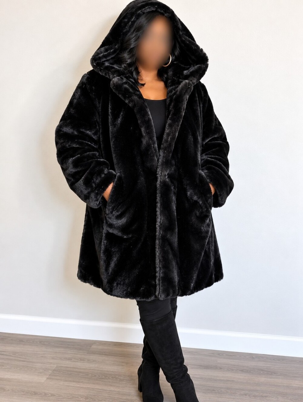 DKNY Black Faux Fur Hooded Coat Jacket Women’s XXL Plush Winter